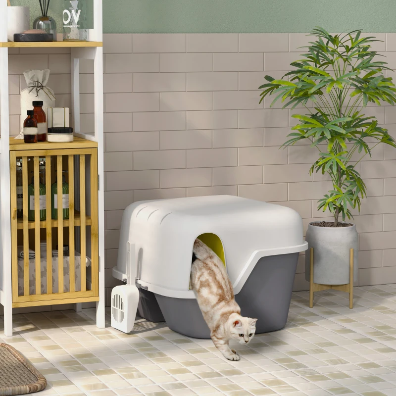PawHut Bac à litière pour chat maison de toilette pour chat couvercle supérieur verrouillable et ouvrable 50 x 50 x 39 cm crème
