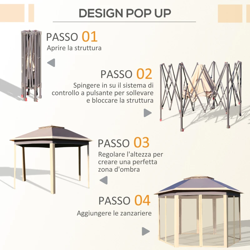 Outsunny Gazebo Pieghevole da Giardino 4x3.4 m ad Altezza Regolabile con Zanzariera e Doppio Tetto, Beige