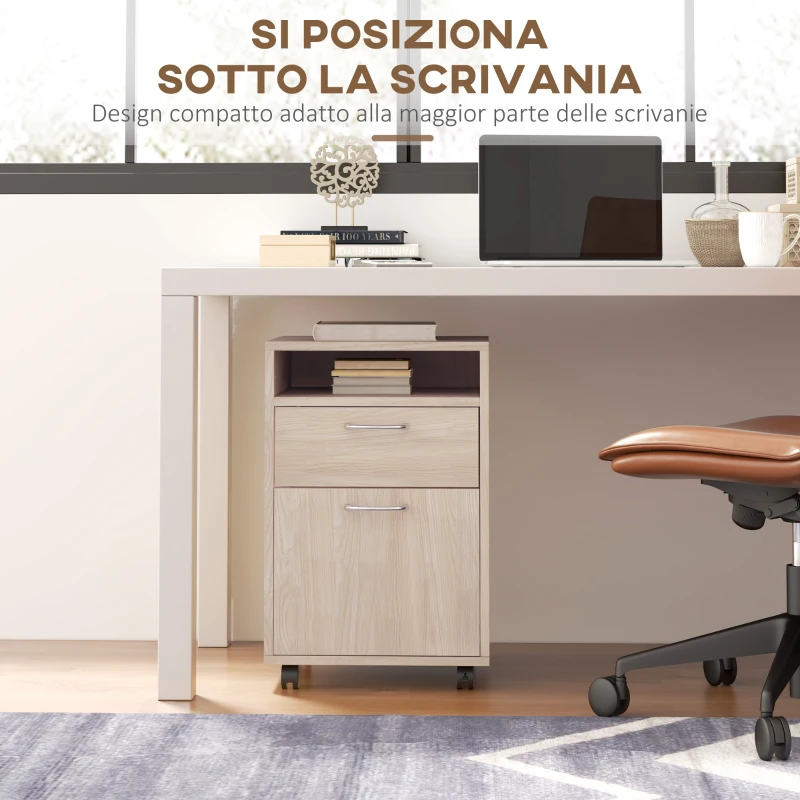 HOMCOM Cassettiera da Ufficio Portadocumenti con Ripiano Aperto e 2 Cassetti, in Legno e Metallo, 40x35x60 cm, Rovere