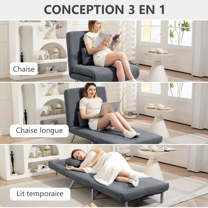 HOMCOM Fauteuil convertible 1 place, fauteuil-lit clic-clac 3 en 1 avec dossier réglable, oreiller, assise large, gris foncé