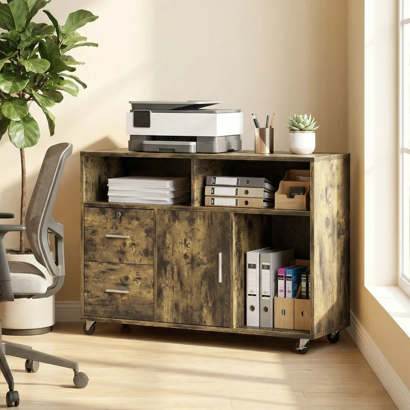 HOMCOM Mobile Porta Stampante a Rotelle con 2 Cassetti, 3 Ripiani e 2 Armadietti, in Legno, 100x35x65 cm, Marrone