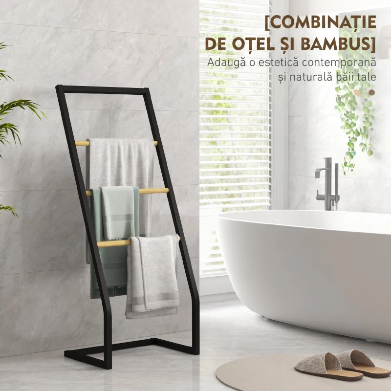 HOMCOM Suport pentru prosoape cu 4 bare din oțel și bambus, 40.5x28x98cm, negru și culoare lemn