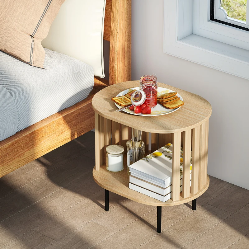 HOMCOM Table d'appoint ovale bout de canapé rangement ouvert pieds en acier design à lattes 50x39x50cm effet bois naturel