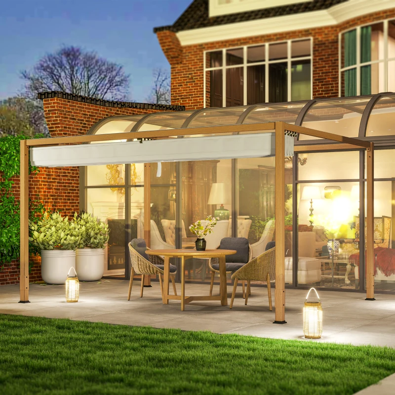 Outsunny Pergola extérieure 4 x 3 m avec toit rétractable et cadre en aluminium effet bois