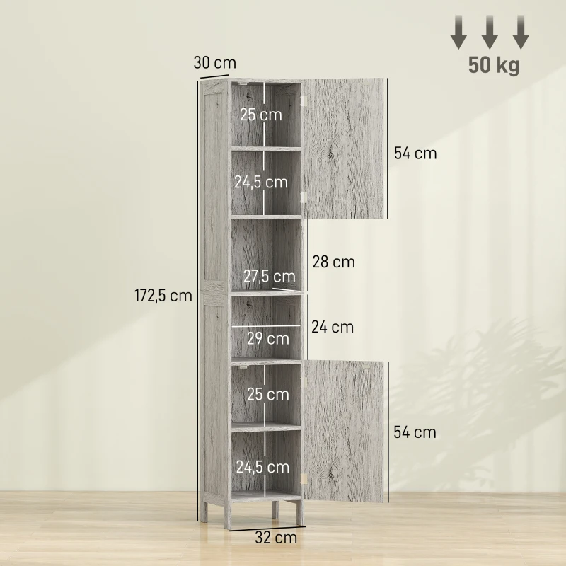 kleankin Columna de Baño Mueble Alto y Estrecho con Estantes Abiertos y 2 Armarios 30x32x172,5 cm Madera Grisácea