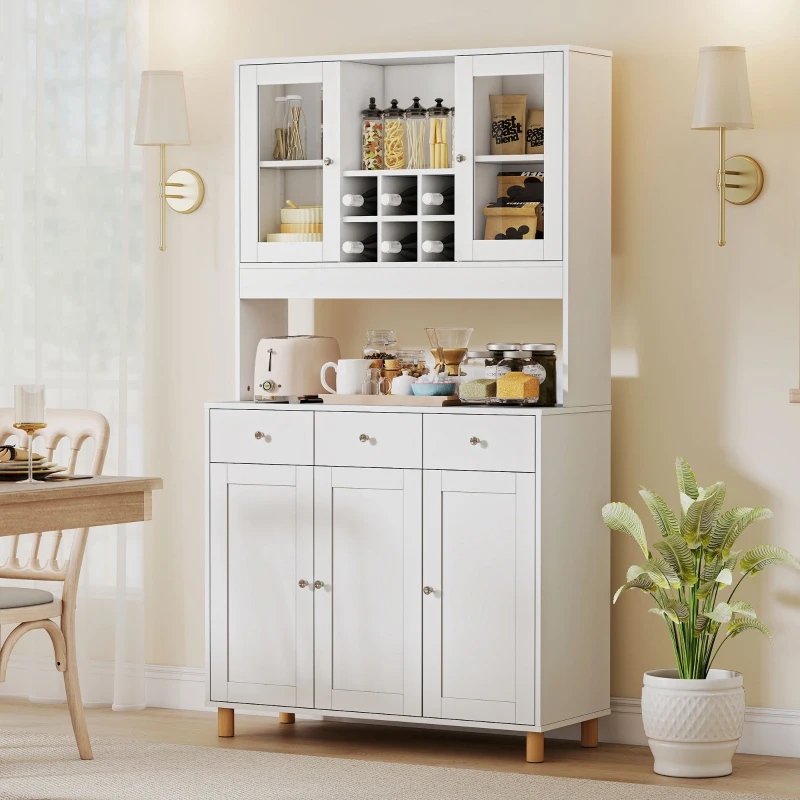 HOMCOM Armário de cozinha 180 cm, 2 portas de vidro, 3 gavetas, 4 prateleiras ajustáveis, armário de sala de jantar, placa de aglomerado, Branco