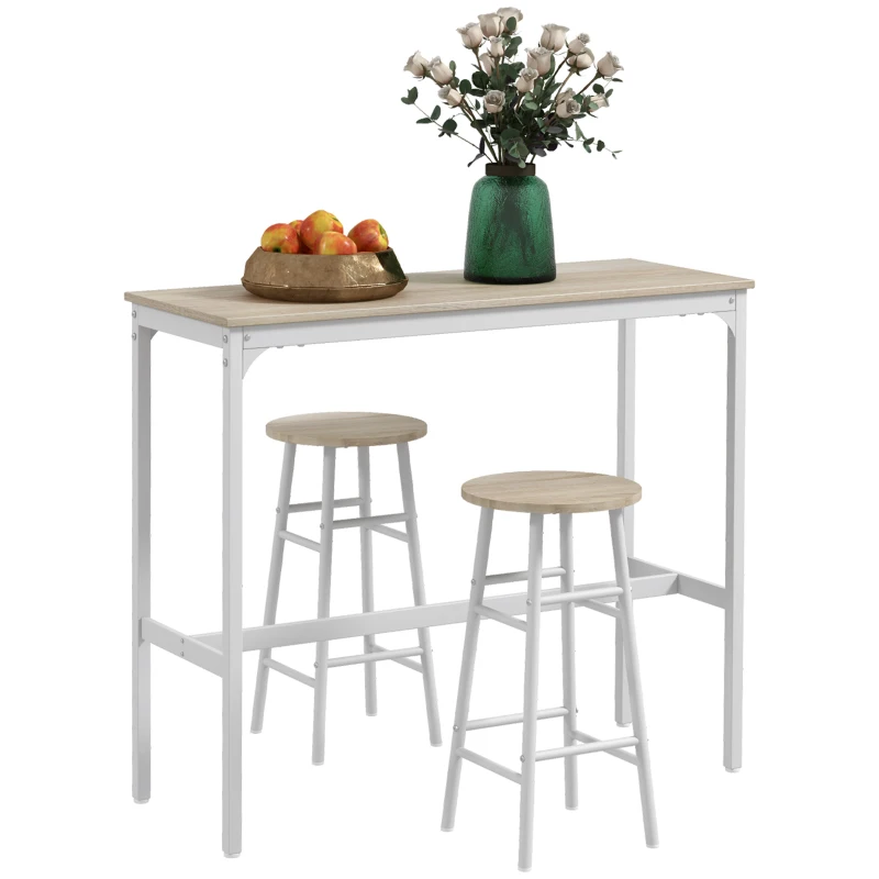 HOMCOM Ensemble table haute de bar + 2 tabourets structure en acier plateau aspect bois naturel 2 personnes blanc