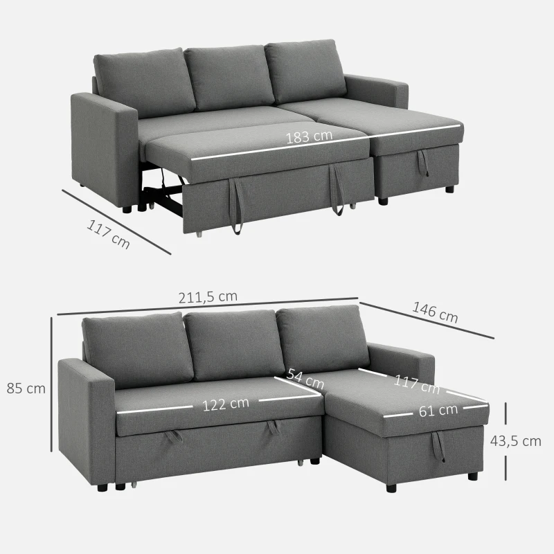HOMCOM Sofá de Canto com Função de Dormir Baú Chaise Longue Sofá-Cama Sofá de Tecido em L Aspeto Linho 211,5x146x85 cm Cinza Claro