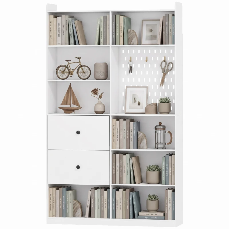 HOMCOM Bibliothèque, Étagère 6 Niveaux, 120 x 30 x 200 cm, Meuble de Rangement avec 2 Tiroirs et Panneau Perforé, Blanc