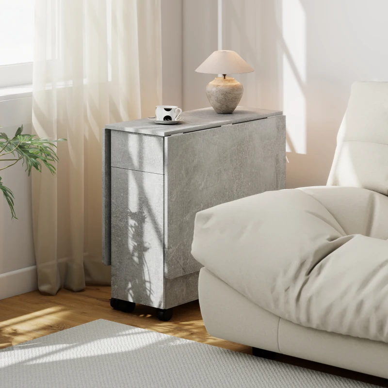 HOMCOM Masă de Bucătărie Pliabilă pe Roți cu 2 Sertare, 2 Uși și Dulap, din Lemn, 140x76x74 cm, Gri Ciment