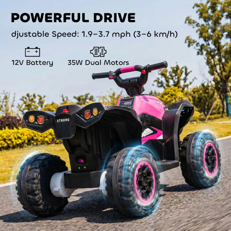 HOMCOM 12V Ride-On Quad Bike w/ Music, Horn, for Ages 3-5 Years - Pink