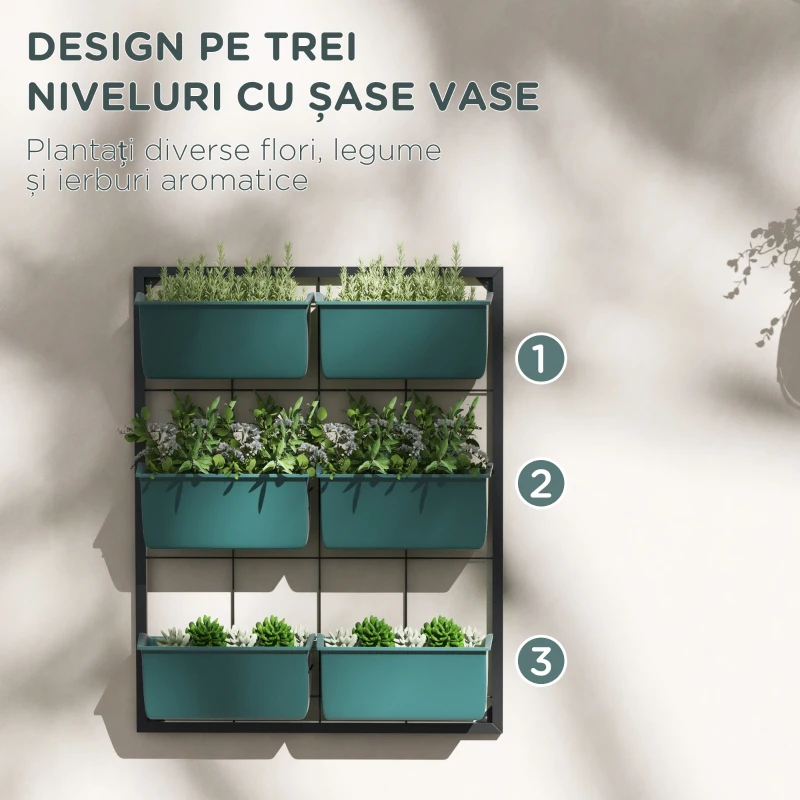 Outsunny Grădină Verticală de Perete pe 3 Niveluri cu 6 Ghivece, din Oțel și Plastic, 52x14x66 cm, Verde