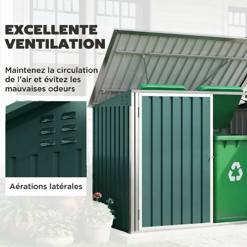 Outsunny Cache Poubelle Extérieur en Acier Galvanisé pour 2 Poubelles, Double Porte, Couvercle Pneumatique, 180x108x130cm, Vert