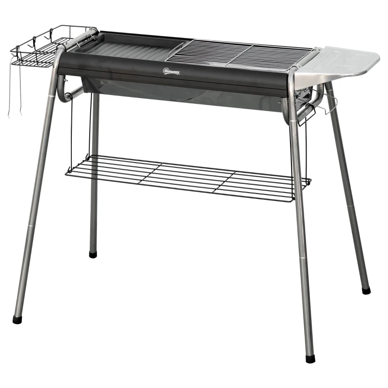 Outsunny Barbacoa de Carbón con Parrilla de Acero Inoxidable Bandeja Especiero y Estante de Almacenamiento 107x63x75 cm Negro