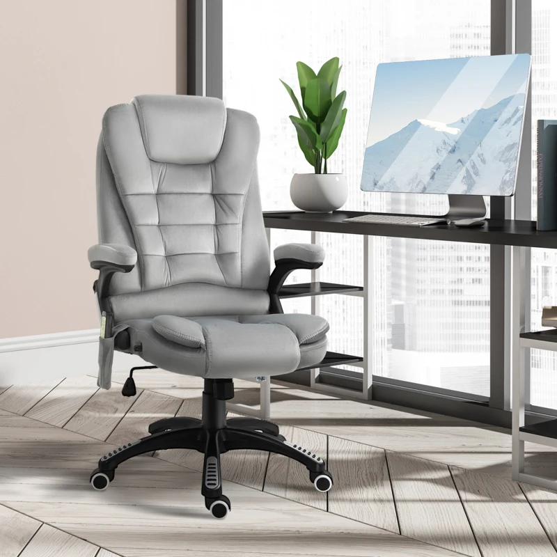 Vinsetto Cadeira de Escritório com Função de Massagem Cadeira Executiva Ergonômica com Aquecimento Função Reclinável Função de Balanço Altura Ajustável Giratória 360° Cadeira para Computador com Bolso Lateral Visual de Veludo Cinza