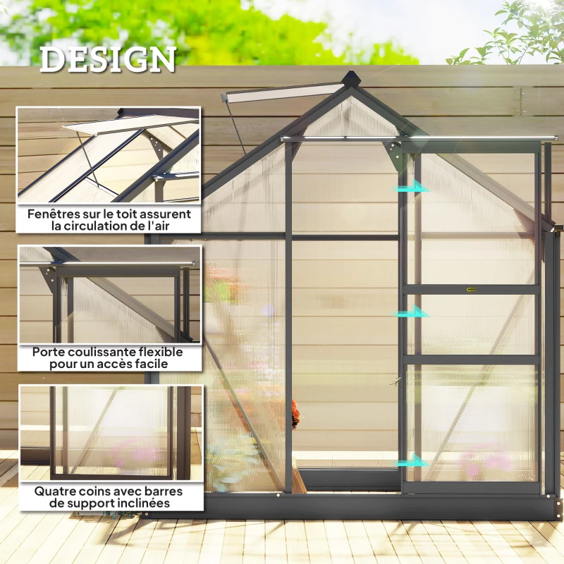 Outsunny Serre de jardin polycarbonate 190 x 132 x 201 cm résistant aux UV 30+ fondation renforcé gouttière gris
