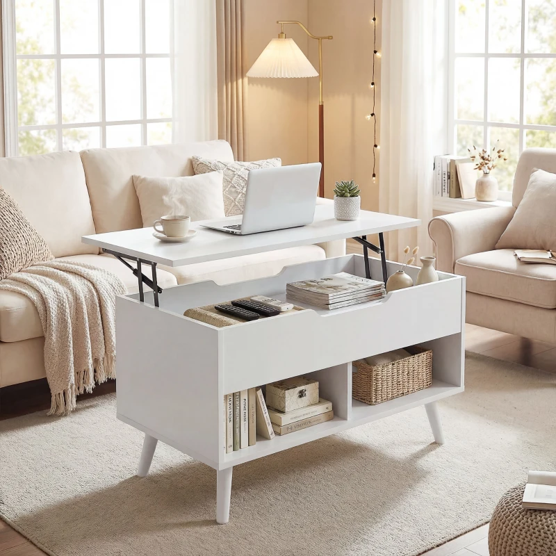 HOMCOM Tavolino da Caffè con Piano Sollevabile e Spazio Nascosto, 75 cm Bianco Punzonato