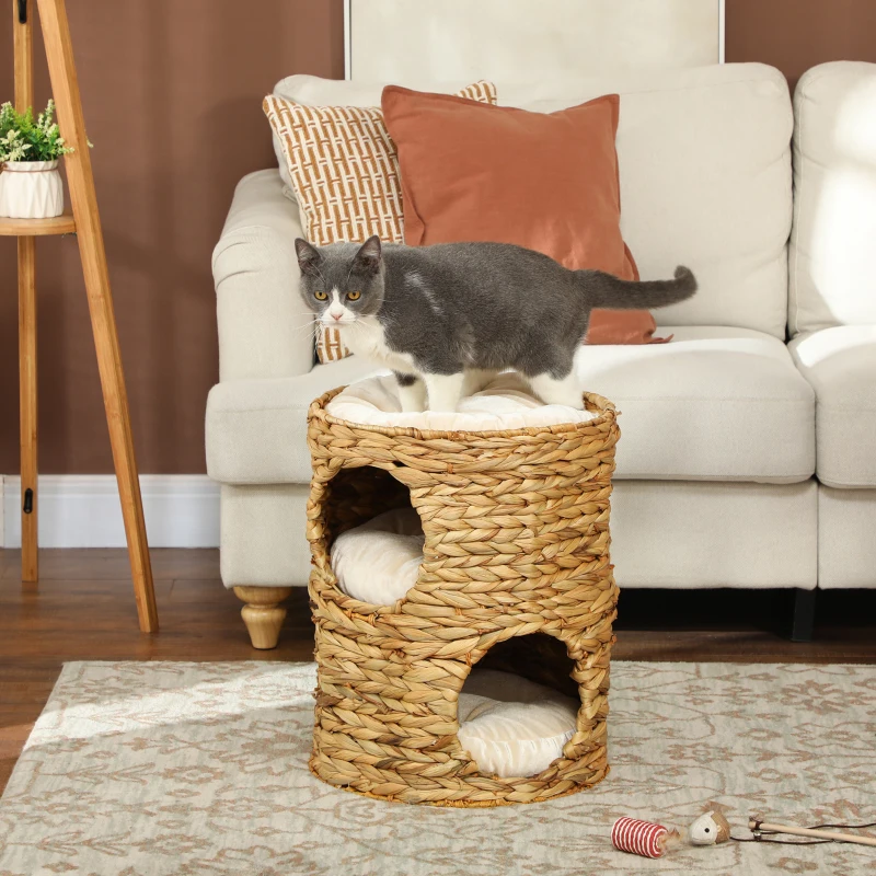 PawHut Tonel Arranhador 50 cm 2 Tocas Almofada Arranhador com Cama para Gatos Torre para Gatos em Vime de Aguapé Castanho Claro