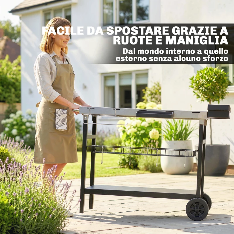 Outsunny Carrello Barbecue da Esterno con Piano in Acciaio Inossidabile, Porta Spezie, Ganci e Maniglia Laterale, Nero