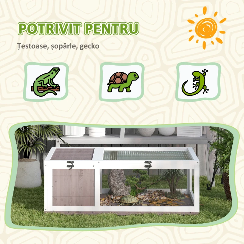 PawHut Căsuță pentru Țestoase de Uscat din Lemn de Brad cu Panou Rabatabil și 2 Spații Separate, Maro Deschis