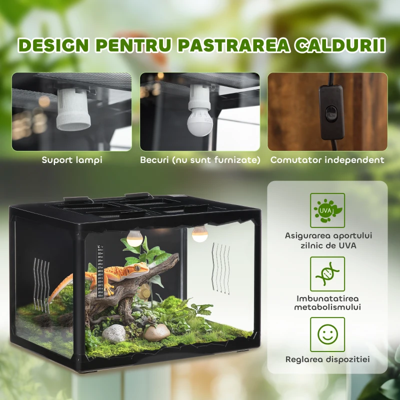 Pawhut Terariu din Sticla 60×40×40,5 cm – Pentru testoase & Reptile