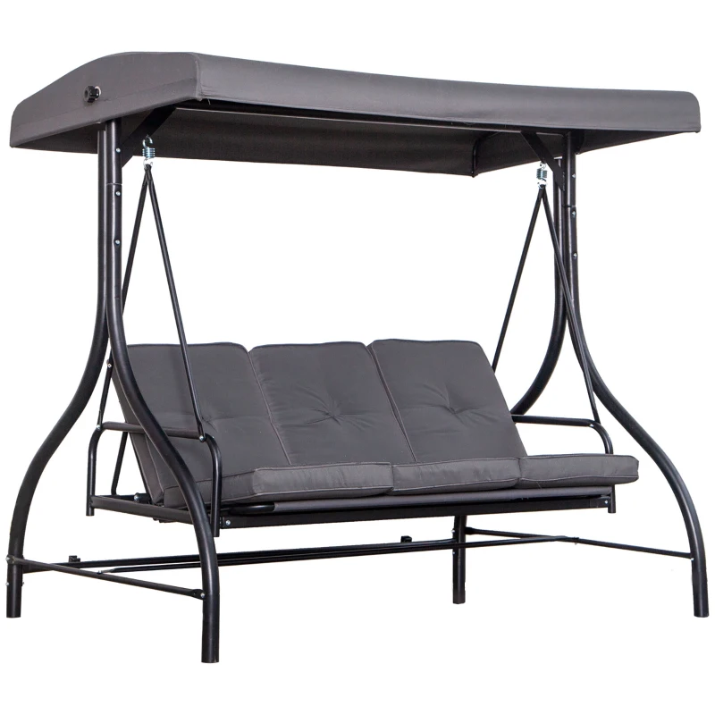 Outsunny Balancelle de Jardin 3 Places Convertible Inclinaison Toit réglable Matelas Grand Confort Rembourrage 8 cm fourni Gris métal époxy Noir