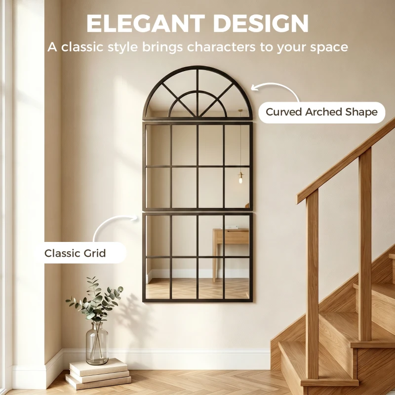 HOMCOM Large Arched Wall Mirror with Metal Grid, 3-Piece Split Window Mirrors, 120 x 54 cm, Black