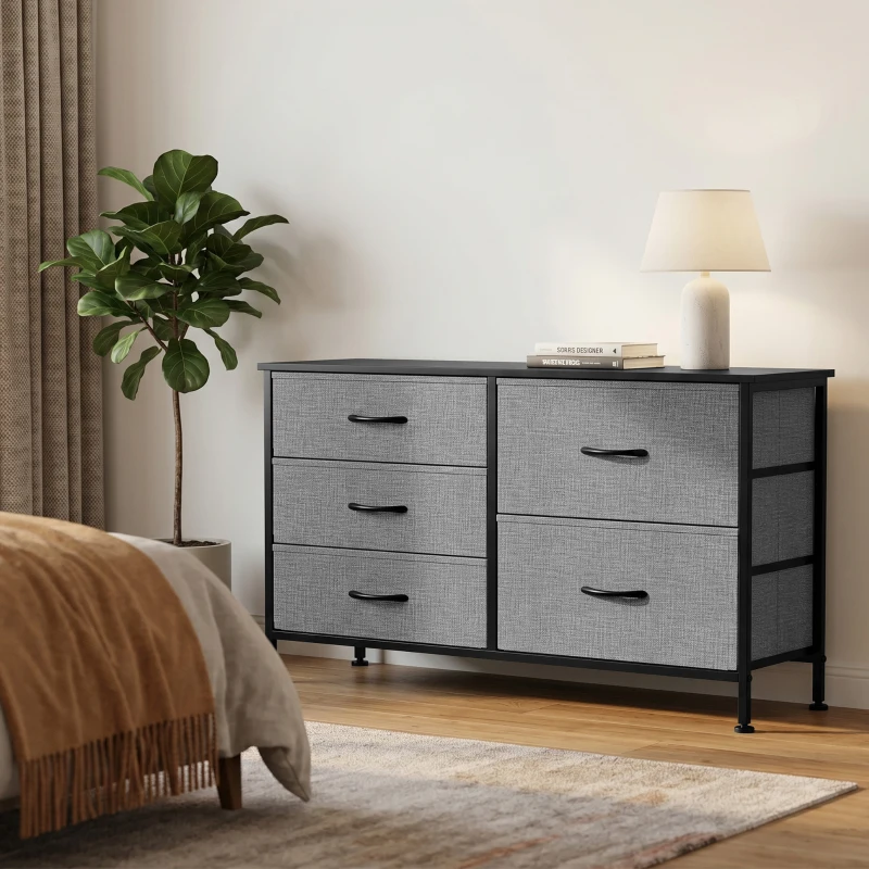 HOMCOM Cómoda con 5 Cajones de Tela Cómoda para Dormitorio Marco de Acero Cajonera para Salón Oficina Gris Oscuro y Negro