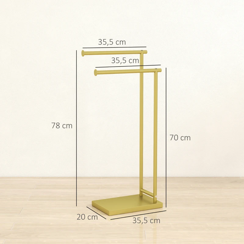 HOMCOM Toallero de Pie con 2 Barras y Marco Metálico Toallero de Baño Moderno en Forma de L 35,5x20x78 cm Dorado