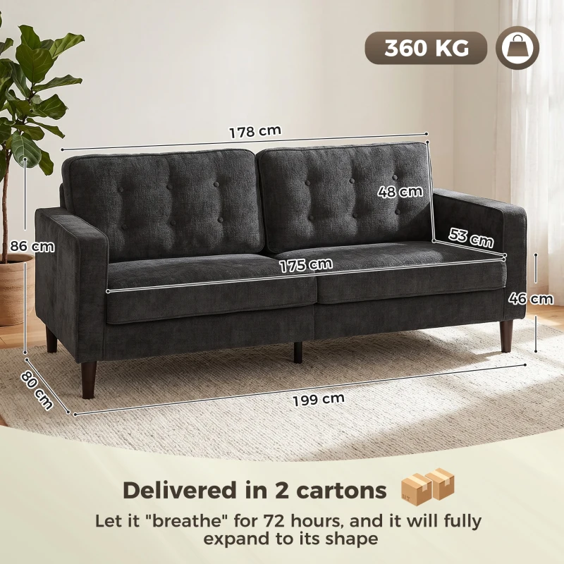 HOMCOM 3 Seater Sofa Button Tufted Upholstered Couch with Wood Legs for Living Room, Dark Grey