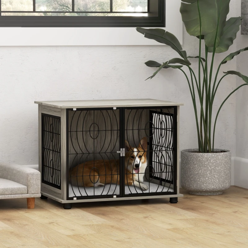 PawHut Indoor Dog Crate Furniture End Table w/ Plush Washable Cushion, Lockable Door, for Medium Dogs