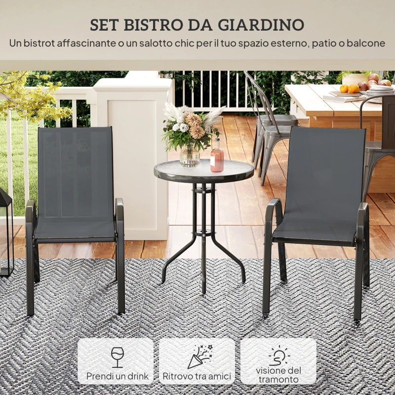 Outsunny Set da Giardino 3pz con 2 Sedie da Giardino 54x71x93 cm e Tavolino Rotondo Ø60x71 cm in Acciaio Grigio Scuro