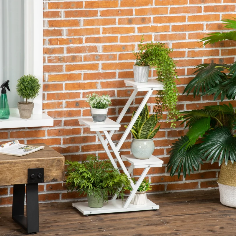 Outsunny Scaletta Portavasi a 4 Livelli per Interni ed Esterni in MDF e Acciaio, 50.5x24x81 cm, Bianco