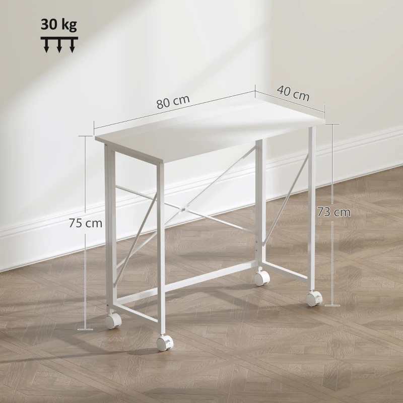 HOMCOM Schreibtisch mit Rollen Faltbarer Bürotisch mit Stahlgestell für Arbeitszimmer Schlafzimmer 80 x 40 x 75 cm Weiß