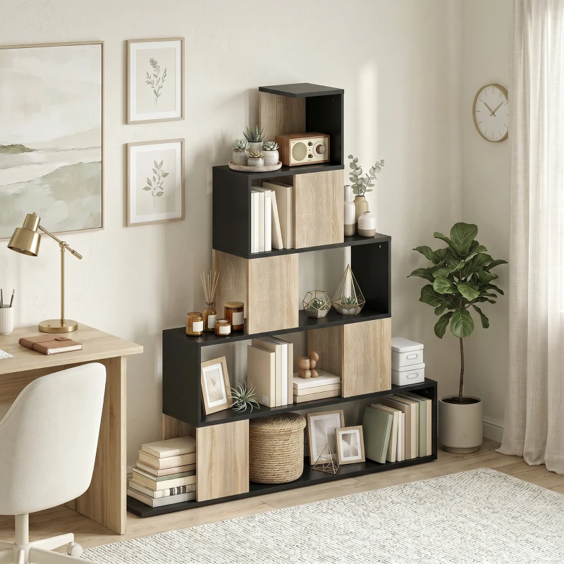 HOMCOM Étagère de rangement, bibliothèque géométrique à 5 niveaux, pour bureau, salon, chambre, noir et bois naturel