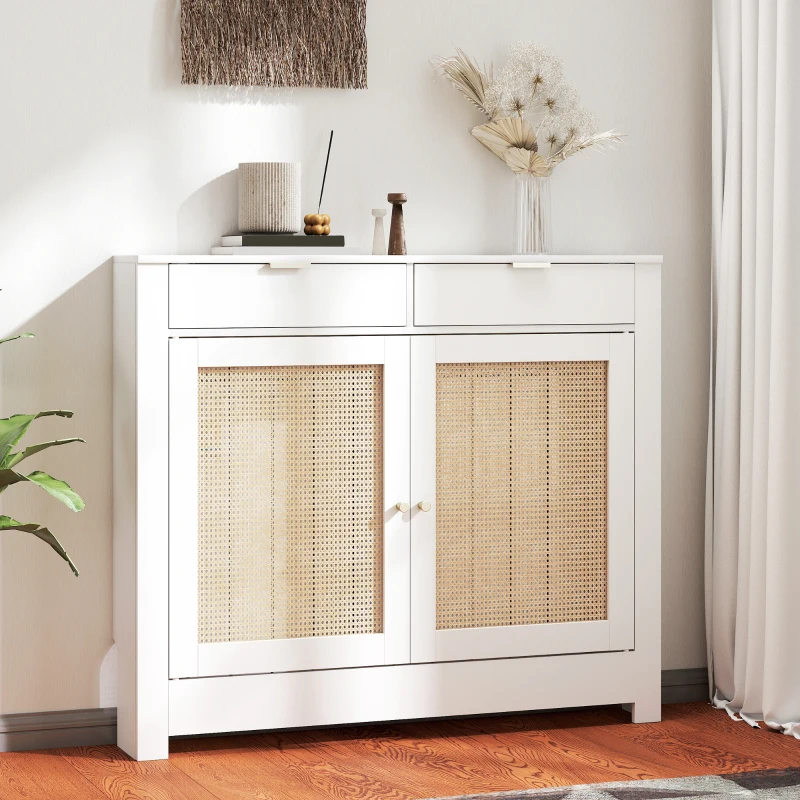 HOMCOM Cubre Radiadores con Puertas Abatibles y Ratán 2 Compartimentos Diseño Bohemio para Salón Dormitorio Blanco