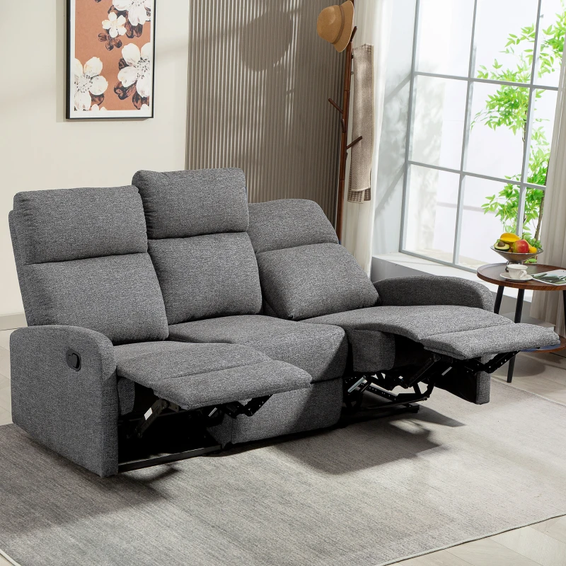 HOMCOM Divano 3 Posti Reclinabile in maniera Indipendente con Rivestimento in Ciniglia Grigia, 179x91x98 cm