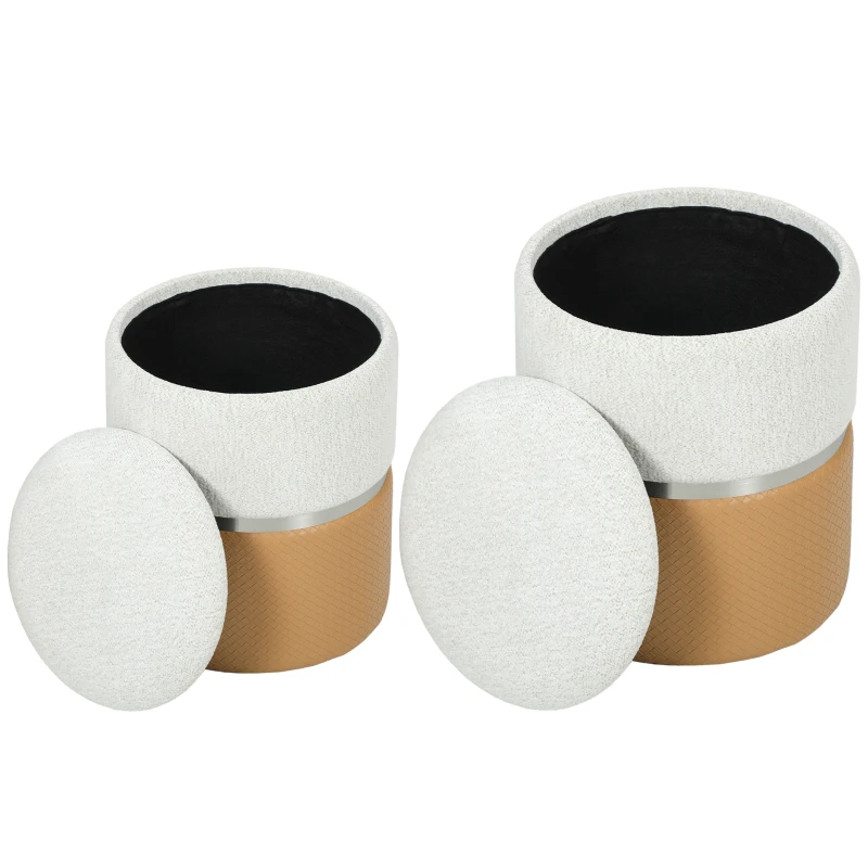 HOMCOM Nesting Round Ottoman with Storage Set of 2 - Cream/Brown