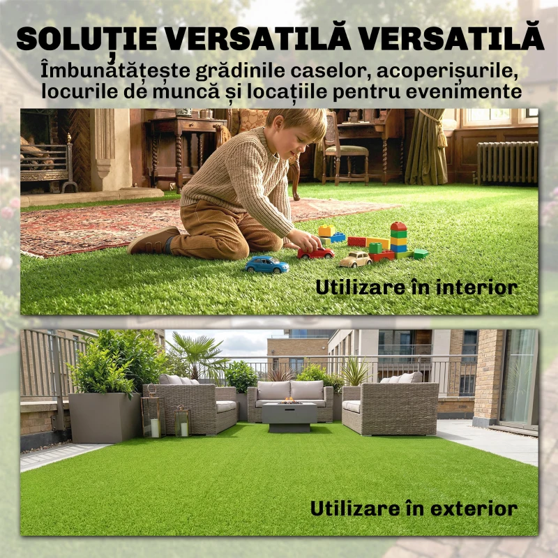 Outsunny Gazon Artificial pentru Exterior 1m x 4m, Covor Verde Sintetic cu Înălțime de 10mm, Drenant, Ideal pentru Grădini, Terase, Familii, Animale de Companie, Interior și Exterior
