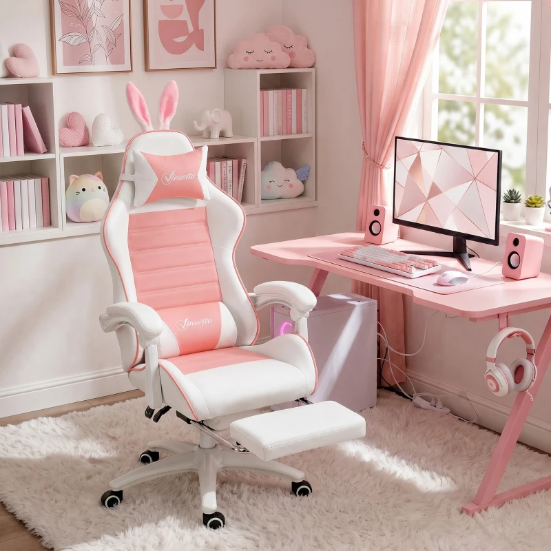 Vinsetto Chaise de gaming avec support lombaire, hauteur réglable, dossier inclinable, oreilles de lapin et appui-tête, rose
