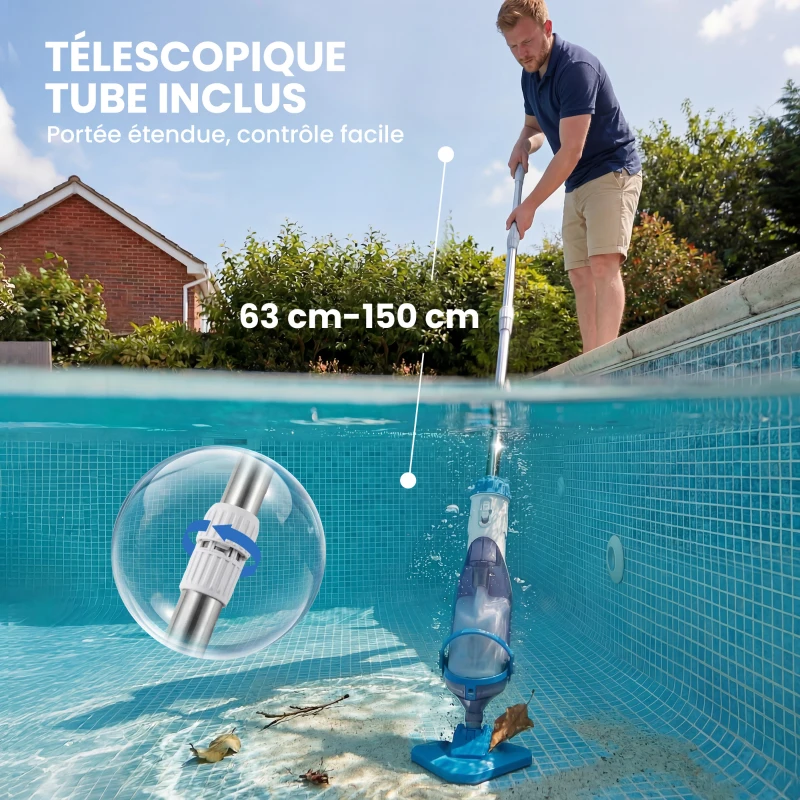 Outsunny Aspirateur de Piscine Sans Fil, Nettoyeur Piscine à Batterie, 60 Minutes d'Autonomie, Manche Télescopique, Bleu