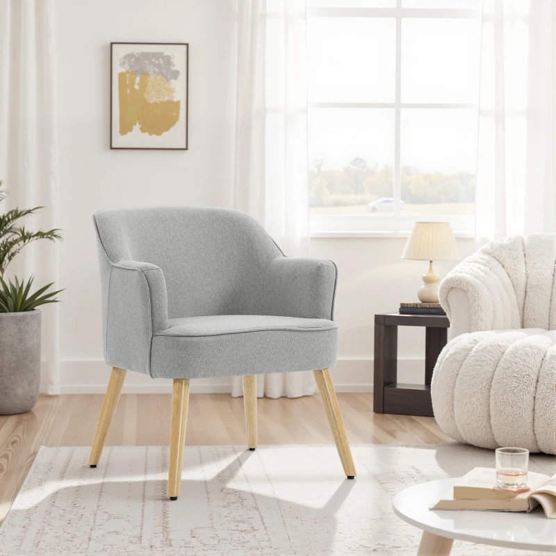 HOMCOM Butaca de Salón Moderna Sillón Tapizado en Lino Sintético Patas de Madera para Dormitorio Oficina 64,5x65x79,5 cm Crema