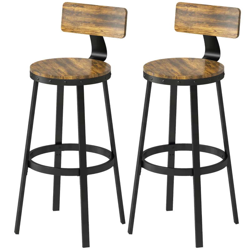 HOMCOM Set 2 Scaune de Bar, Șezuturi Rustice cu Spătar și Suport pentru Picioare, Maro Rustic