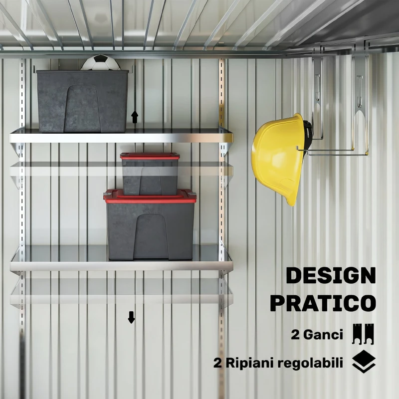 Outsunny Capanno Attrezzi in Metallo 1.5x2m con Base, Porta Scorrevole e Tetto Inclinato, Bianco
