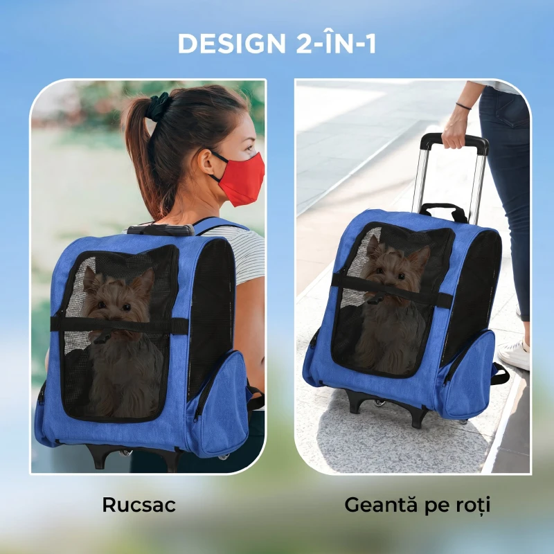 PawHut Rucsac transportabil 2 în 1 pentru câini și pisici cu buzunare și mâner telescopic, 42x25x55cm, albastru