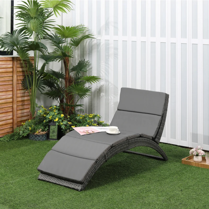 Outsunny Șezlong de Grădină Pliabil din Ratan PE Ergonomic cu Pernă, Gri