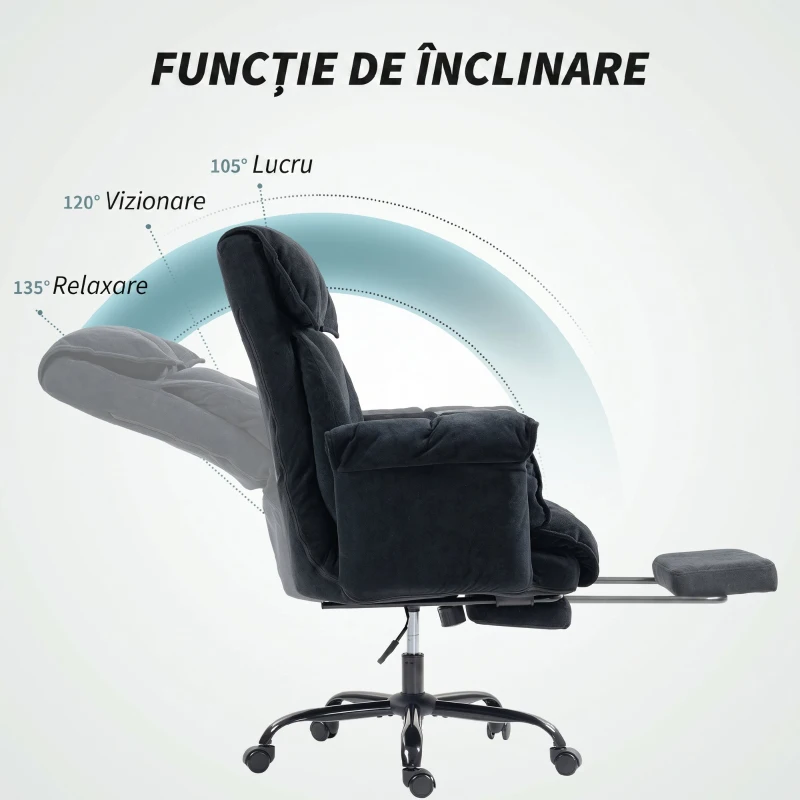 HOMCOM Scaun de Birou Rabatabil cu Suport pentru Picioare, Spătar Înalt, Înălțime Reglabilă și Roți, Negru