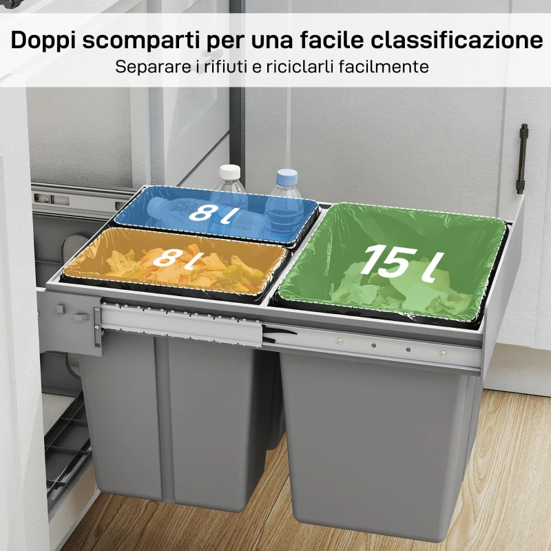 HOMCOM Pattumiera Estraibile Sottolavello da 31L con 3 Secchi Rimovibili e Piano Superiore, Grigio Chiaro