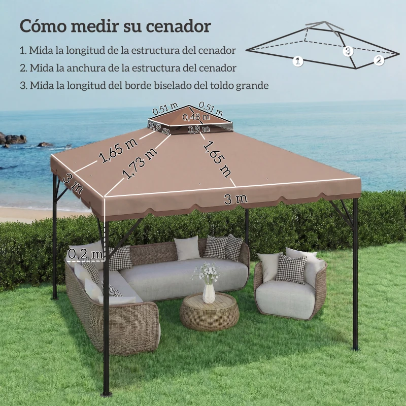 Outsunny Toldo de Recambio 3x3 m con Techo Doble Orificios de Drenaje y UPF 30+ Solo Toldo NO Incluye Marco Caqui