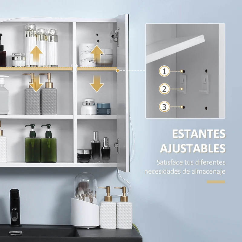 kleankin Armario con Espejo de Baño con Luz LED Mueble de Baño Colgante con Interruptor Táctil 70x15x65cm Blanco